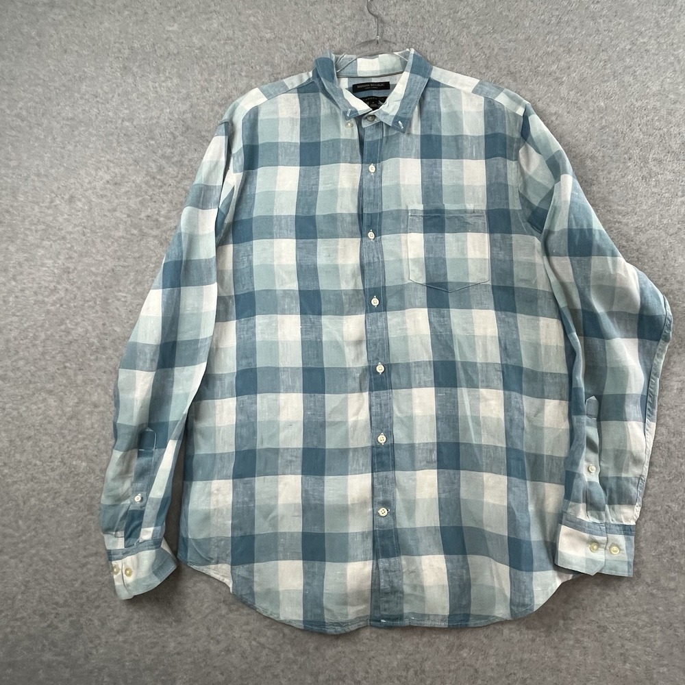 Banana Republic Shirt Mens Large‎ Camden Fit Linen Button Down Blue Plaid Summer